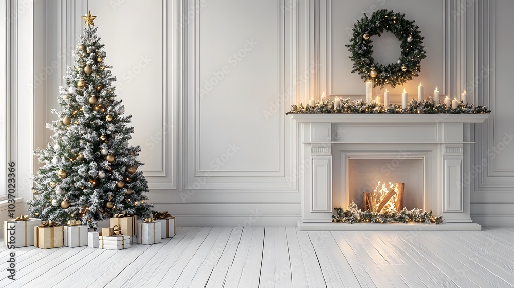 Minimalist Christmas interior with off-white walls, a decorated tree with warm lights, and a cozy holiday atmosphere in Scandinavian style with soft lighting. Minimalist Christmas interior with off-white walls, a decorated tree with warm lights, and a cozy holiday atmosphere in Scandinavian style with soft lighting.