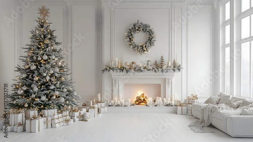 Minimalist Christmas interior with off-white walls, a decorated tree with warm lights, and a cozy holiday atmosphere in Scandinavian style with soft lighting. photo