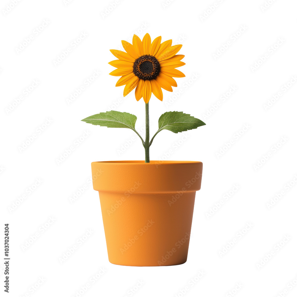 Obraz premium vibrant sunflower blooms in terracotta pot, showcasing its bright yellow petals and rich brown center. green leaves add fresh touch, symbolizing growth and positivity. 