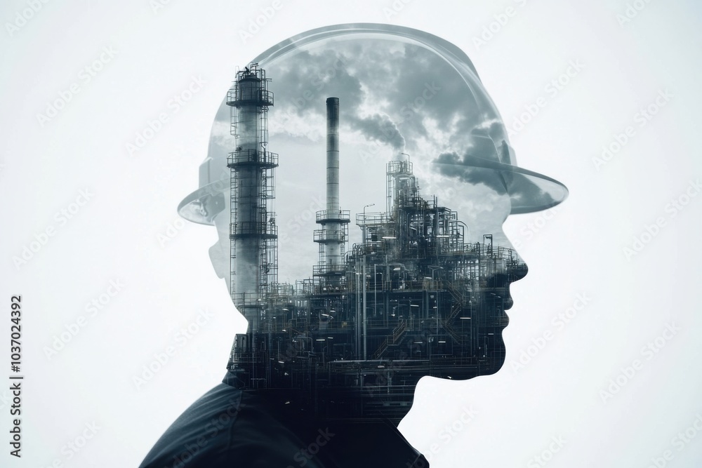A double exposure image of a factory worker's silhouette merged with towering industrial machinery and smokestacks, symbolizing the connection between man and industry