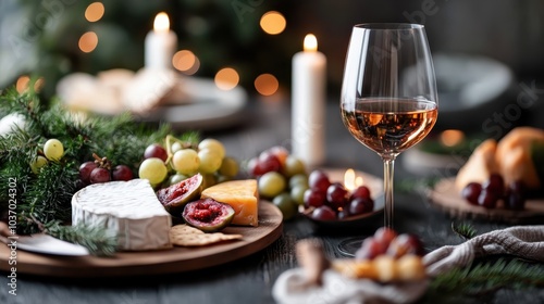 A cozy arrangement showcasing cheese, wine, grapes, and figs surrounded by candlelight and festive decor, creating a warm and inviting atmosphere.