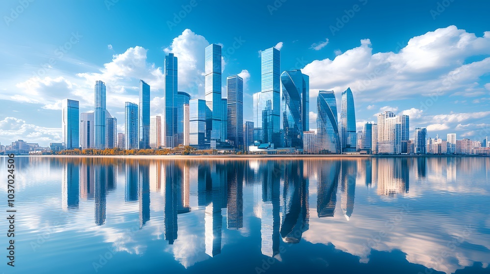 Modern city skyline with glass skyscrapers by a waterfront, reflecting calm water under a clear blue sky with panoramic urban architectural views. Modern city skyline with glass skyscrapers by a waterfront, reflecting calm water under a clear blue sky with panoramic urban architectural views.