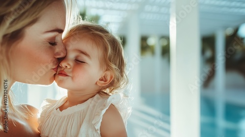 A heartwarming image of a mother giving a sweet kiss to her daughter, both enveloped in gentle light and emotion, creating a peaceful scene of love. photo