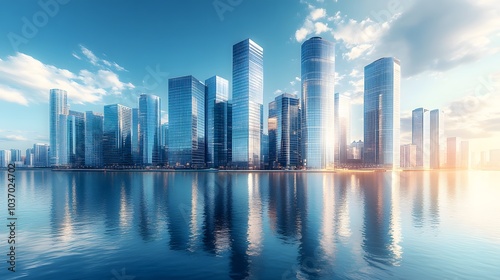 Modern city skyline with glass skyscrapers by a waterfront, reflecting calm water under a clear blue sky with panoramic urban architectural views.