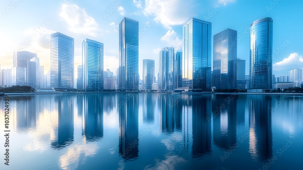 Modern city skyline with glass skyscrapers by a waterfront, reflecting calm water under a clear blue sky with panoramic urban architectural views. Modern city skyline with glass skyscrapers by a waterfront, reflecting calm water under a clear blue sky with panoramic urban architectural views.