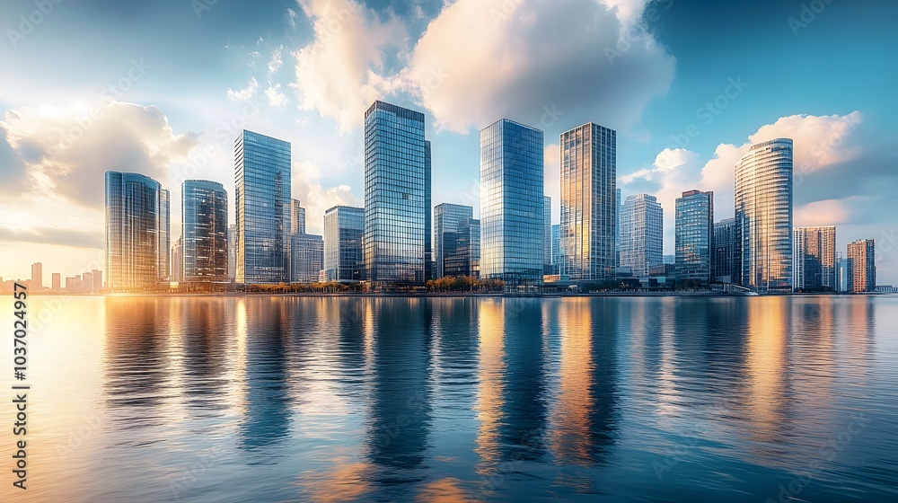 Fototapeta premium Modern city skyline with glass skyscrapers by a waterfront, reflecting calm water under a clear blue sky with panoramic urban architectural views.