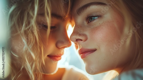 A close-up portrait capturing the serene and intimate moment between two sisters, surrounded by warm light and gentle expressions, portraying sisterly affection. photo