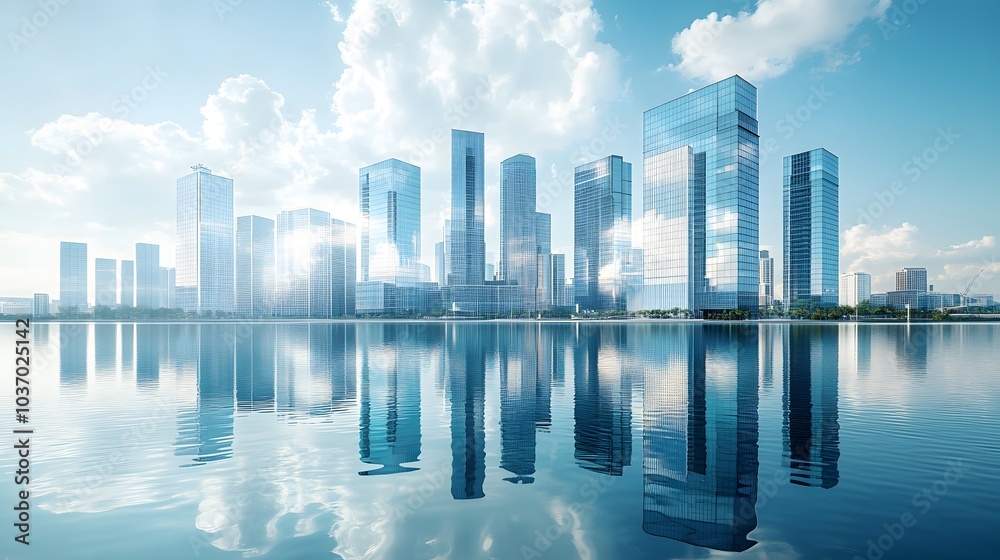 Fototapeta premium Modern city skyline with glass skyscrapers by a waterfront, reflecting calm water under a clear blue sky with panoramic urban architectural views.