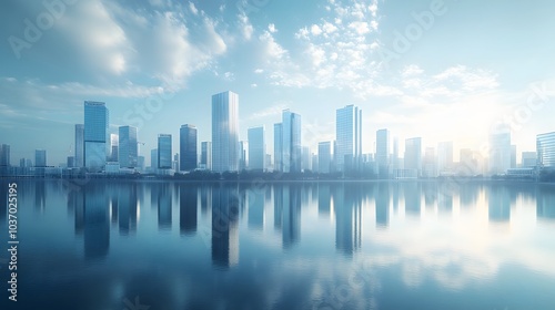 Modern city skyline with glass skyscrapers by a waterfront, reflecting calm water under a clear blue sky with panoramic urban architectural views.