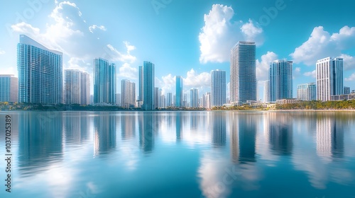 Modern city skyline with glass skyscrapers by a waterfront, reflecting calm water under a clear blue sky with panoramic urban architectural views.