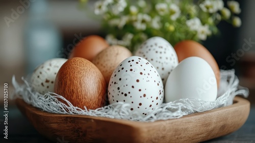 A wooden plate holds a selection of speckled and plain eggs, artfully styled with a floral backdrop, establishing a rustic yet elegant centerpiece for any setting. photo