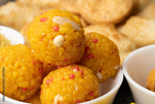 Indian Sweet Motichoor laddoo Also Know as Bundi Laddu or Motichur Laddoo Are Made of Very Small Gram Flour Balls or Boondis Which Are Deep Fried photo