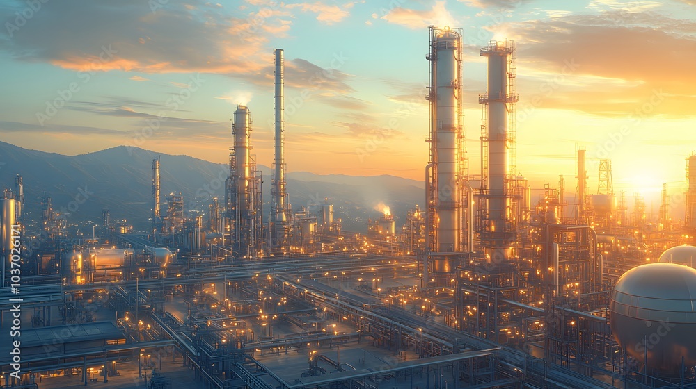 Fototapeta premium Oil refinery complex with towering distillation columns and gleaming metal structures under a clear sky, highlighting industrial architecture at golden hour.