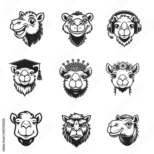 Collection of Camel face Clipart Design - Camel Head vector illustration in black and white