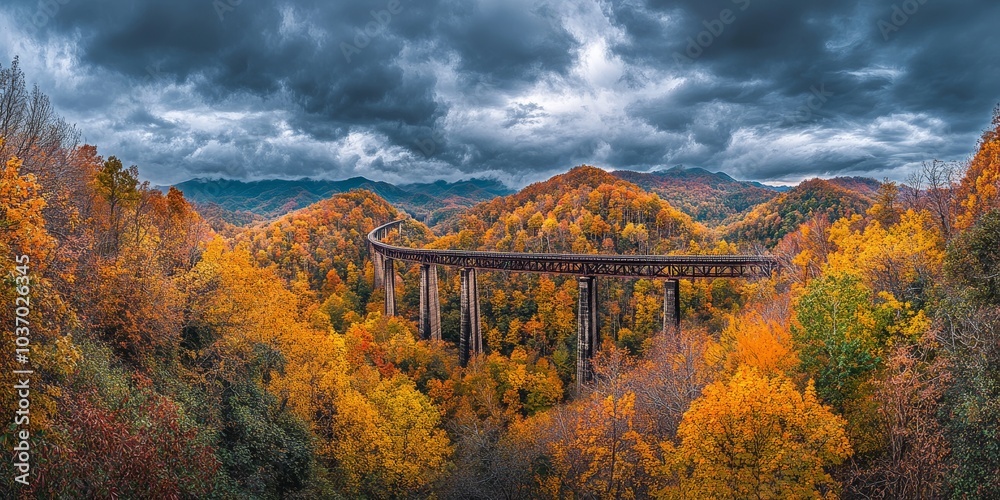 мElevated Railway Bridge Over Autumn Forest with Dark Skies мElevated Railway Bridge Over Autumn Forest with Dark Skies