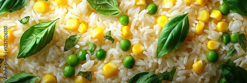 Delicious rice with green peas and corn and herbs. healthy vegetarian ingredients - rise with vegetables, close up, top view