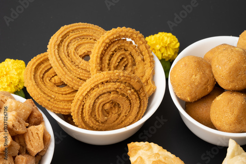 Crunchy fried homemade Chakli in a plate. Chakli is a savory snack from India made out of rice, mixed yellow and green lentils along with spices Diwali photo