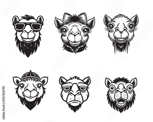 Collection of Camel face Clipart Design - Camel Head vector illustration in black and white