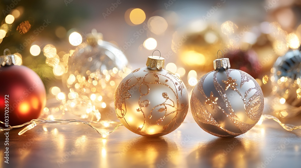 Two Glittering Christmas Ornaments with String Lights Two Glittering Christmas Ornaments with String Lights