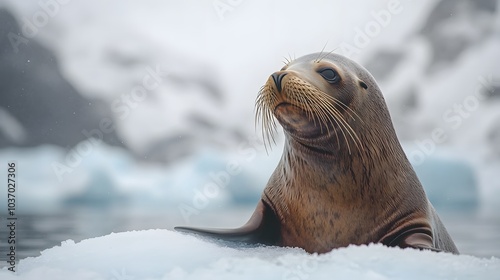 Sea lion resting on an ice floe in the Arctic, with a glacial background and calm water reflections, highlighting wildlife in its natural habitat.