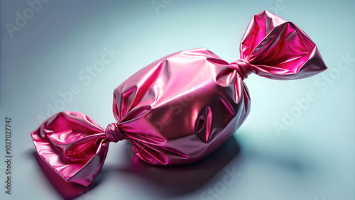 Shiny pink wrapped candy lying on a smooth surface for festive themes and sweet treat visuals
 photo