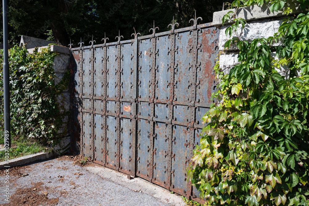 Fototapeta premium Rusted closed gate, made of metal, giving access to a private garden