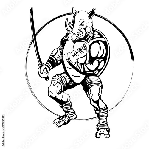 sketch of a ninja rhinoceros, with a sword and sakura in his hand, a sign of will and strength. Tattoo, coloring book