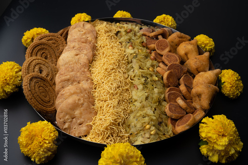 Diwali snacks Diwali faral live sev chakali chivda bakarwadi mathari Festival food items Festival snacks from Maharashtra photo