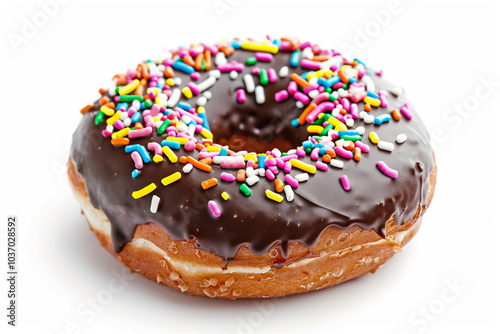 Chocolate-covered doughnut with a vibrant mix of sprinkles and a glossy rich chocolate glaze. Pastry concept