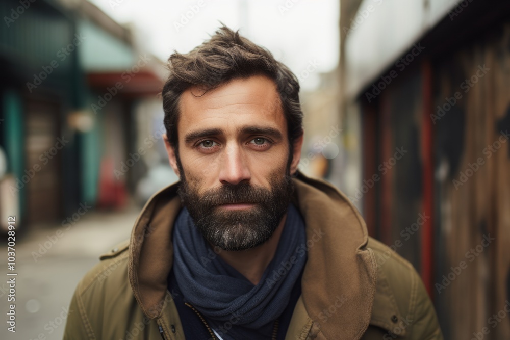 Portrait of a handsome young man with a beard and mustache in a green jacket and blue scarf on a city street
