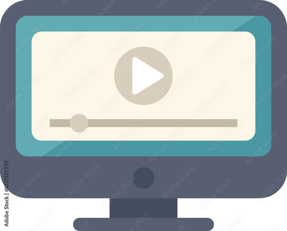 Desktop computer screen displaying a video player with a play button, timeline, and volume control Desktop computer screen displaying a video player with a play button, timeline, and volume control