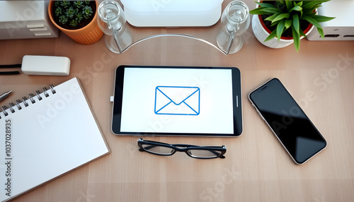 Email comcept. Contact us for feedback. Desktop with notepad, smartphone, glasses and email symbol. Top view isolated with white highlights, png photo