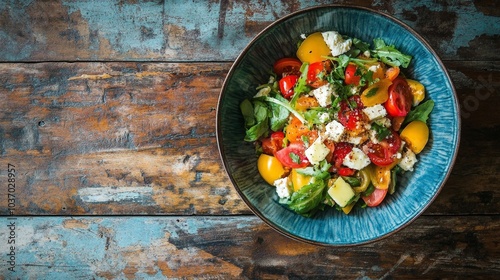 Vibrant and Nutritious: A Fresh Salad Bowl Overflowing with Colorful Vegetables, Creamy Feta, and Wholesome Greens, Perfect for a Healthy Meal on Any Day!