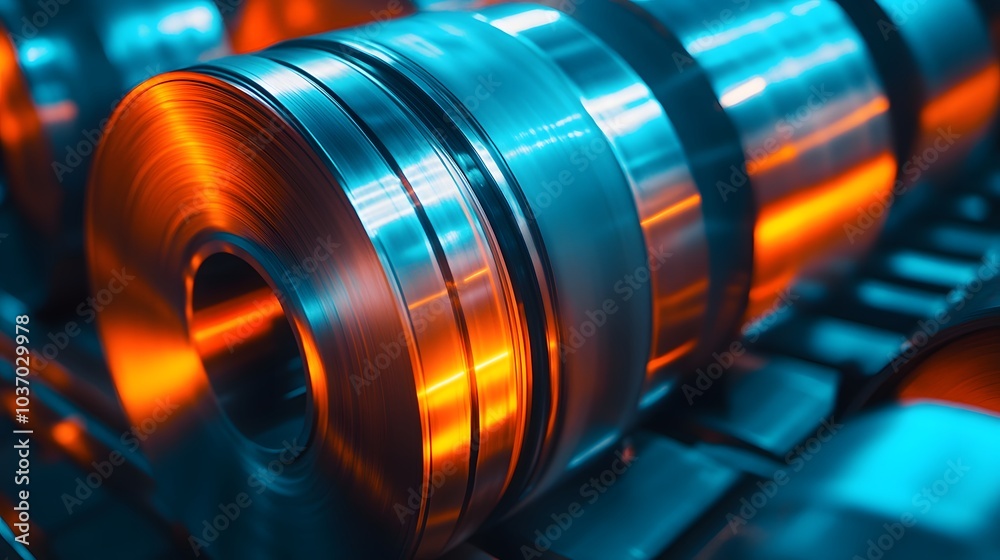 Obraz premium Glowing hot steel coils in an industrial factory with blue and orange contrasts, highlighting metalworking precision and dramatic lighting.