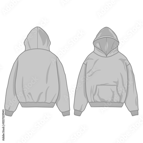 Hoodie vector template illustration. front and back view. oversized. drop shoulder. unisex. grey color. 
