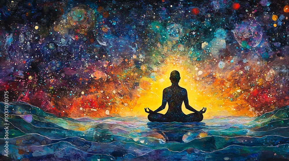 Spiritual figure meditating surrounded by a cosmic energy field radiating colors