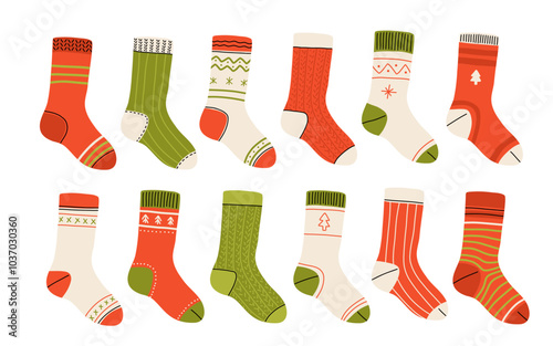 Christmas collection of trendy cotton and woolen socks with different textures isolated on white background. Vector illustration. Knitted winter socks set different colors and sizes.