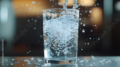 Water dispenser pouring crystal clear water into a glass with bubbles and droplets, showcasing a refreshing hydration concept with crisp details and cool tones. photo