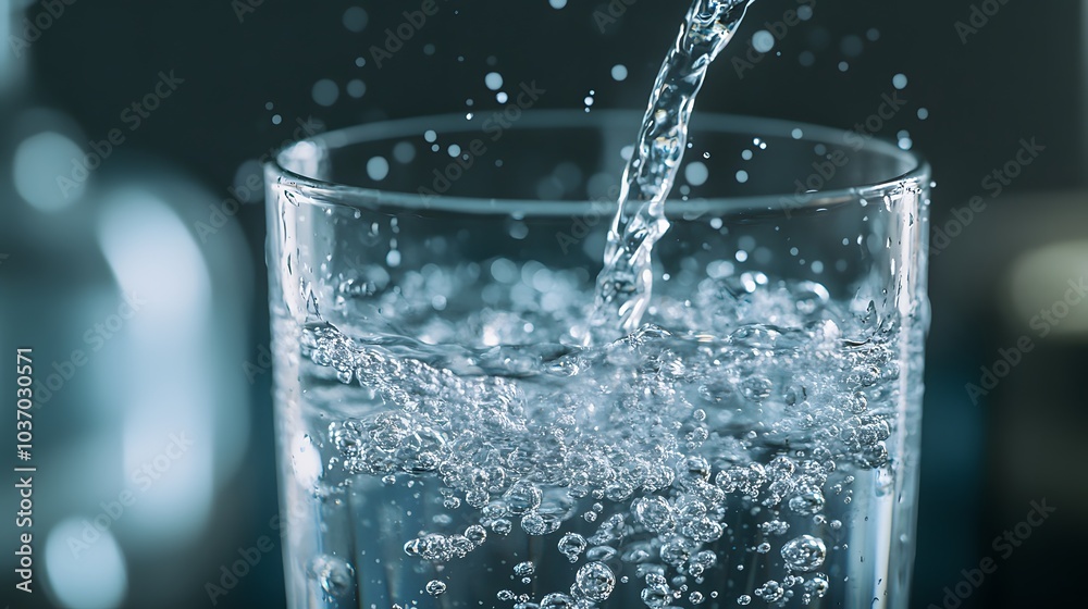 Water dispenser pouring crystal clear water into a glass with bubbles and droplets, showcasing a refreshing hydration concept with crisp details and cool tones. Water dispenser pouring crystal clear water into a glass with bubbles and droplets, showcasing a refreshing hydration concept with crisp details and cool tones.