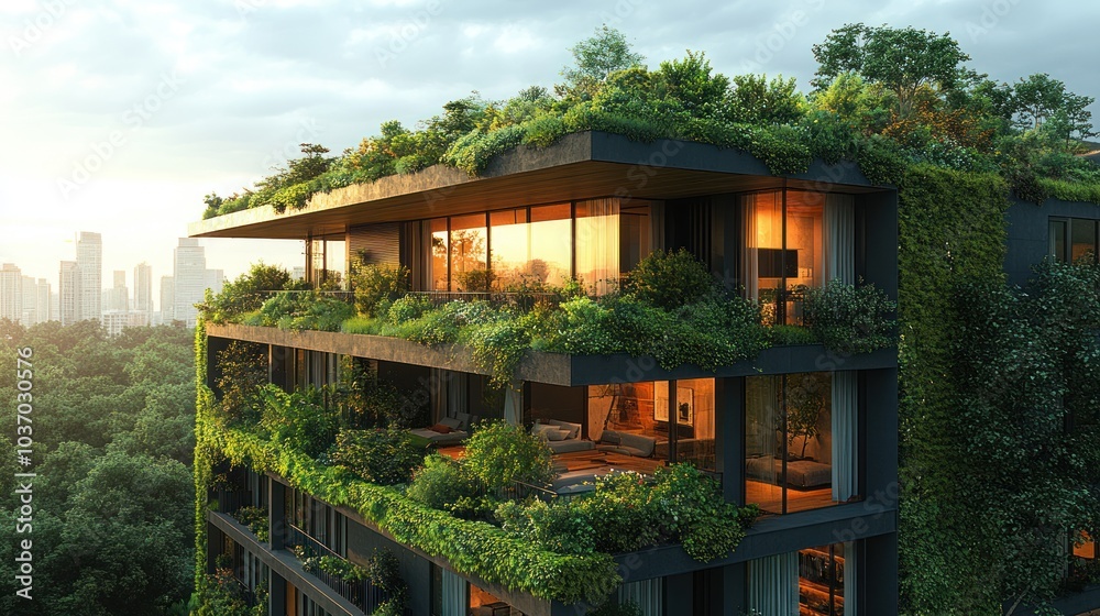 A modern building with lush greenery on balconies, blending architecture with nature. A modern building with lush greenery on balconies, blending architecture with nature.