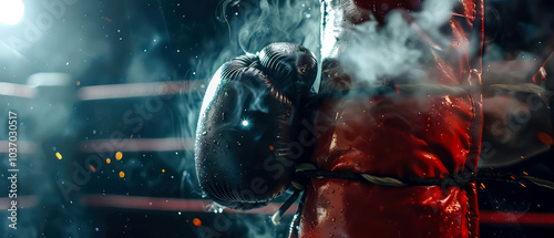 Close up of red punching Bag. Boxing bag hanging on the ring for training. Boxing Gym. Dramatic neon lightning, steam. Generative ai	