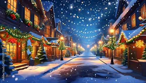 Enchanting winter street a magical christmas scene with snow festive lights and holiday decorations in a cozy neighborhood atmosphere