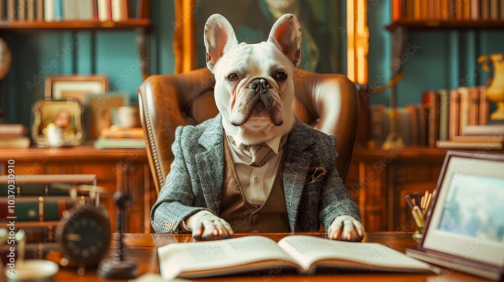 White French bulldog in a business suit, confidently sitting at desk in executive room White French bulldog in a business suit, confidently sitting at desk in executive room
