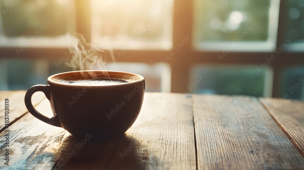 Steaming Cup of Black Coffee on Rustic Wooden Table with Warm Sunlight Steaming Cup of Black Coffee on Rustic Wooden Table with Warm Sunlight