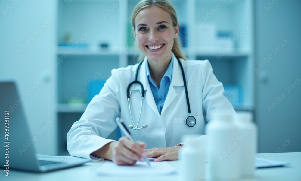 Friendly female doctor smiling while working at her desk. Friendly female doctor smiling while working at her desk.