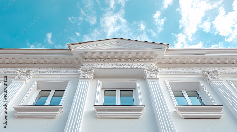 White painted exterior wall with ornate window frame under a blue sky, showcasing a clean facade and classic architectural details of a residential building. White painted exterior wall with ornate window frame under a blue sky, showcasing a clean facade and classic architectural details of a residential building.