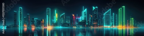 Futuristic Cityscape with Neon Lights. Night-time Skyline with Glowing Superstructures in a Modern Metropolis photo