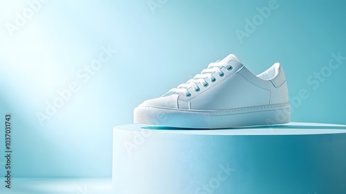 White sneaker on a pedestal against a light blue gradient, featuring minimalist product photography with clean design and crisp details for a commercial look. photo