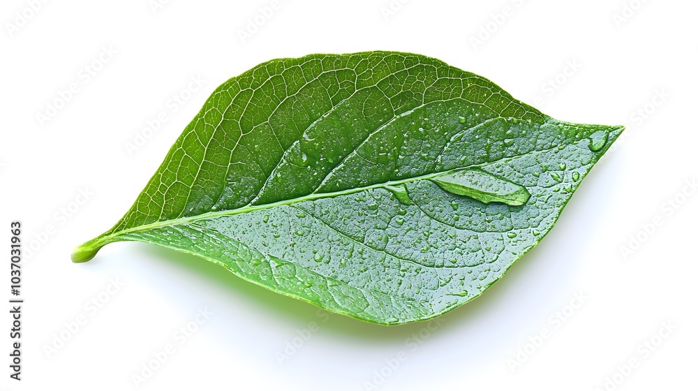Single Green Leaf with Visible Veins and Dewdrop Isolated on White Background Symbolizing Nature s Freshness