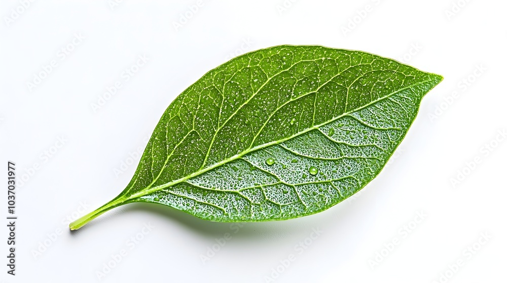 Obraz premium Closeup of Fresh Green Leaf with Dewdrop on White Background Representing Nature and Sustainability